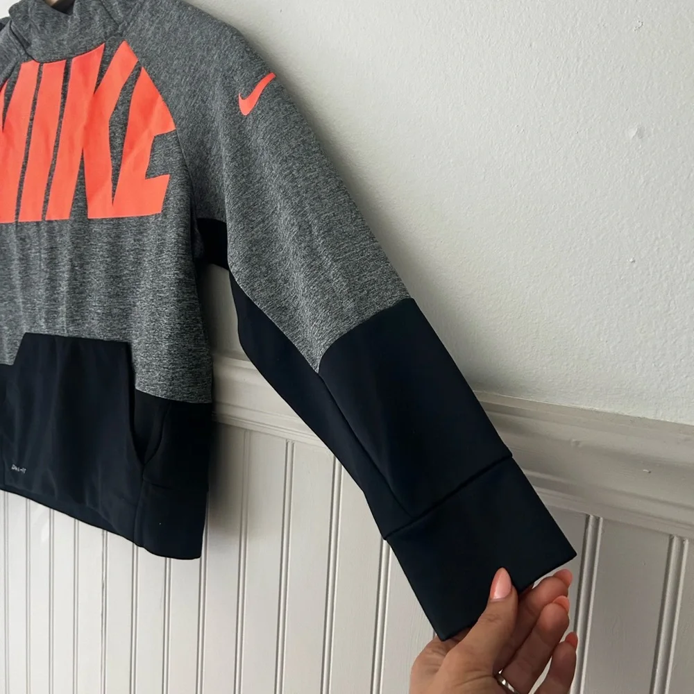 Nike Boys Medium Gray and Black Hoodie with Orange Logo Dri Fit